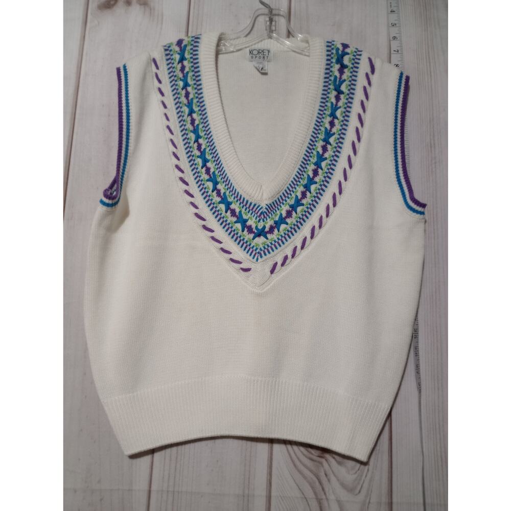 Koret Sport Sweater Vest Womens XL White V Neck Embroidered Pullover Retro Knit‎